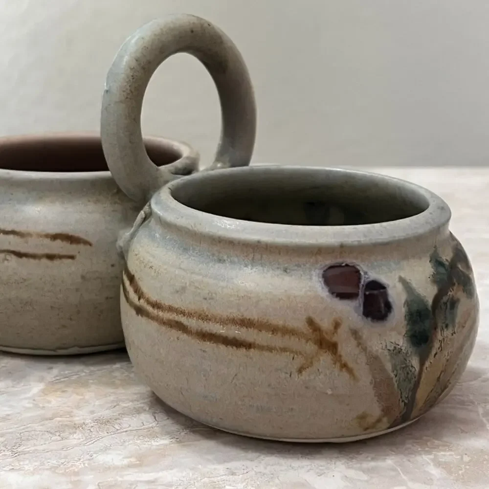 Studio Art Pottery Two Bowl Condiment Dish With Handle Stoneware Muted Colors